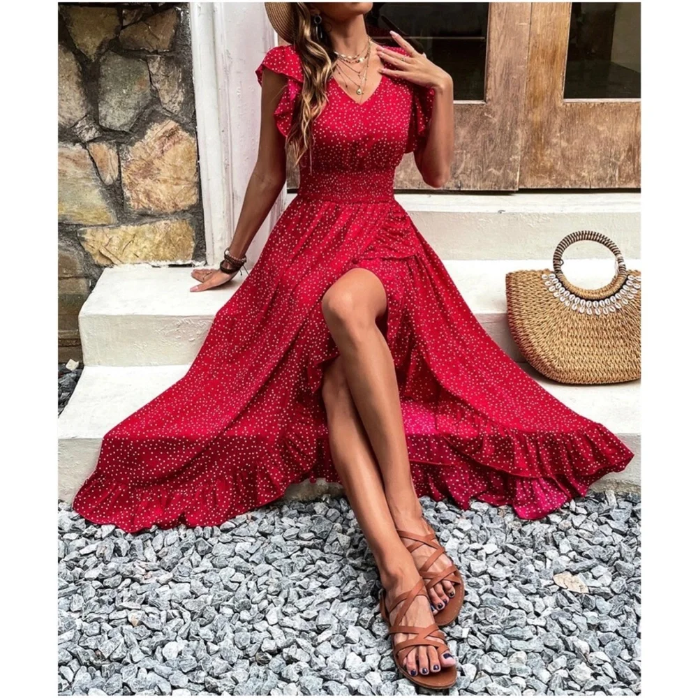 Boho Polka Dot butterfly Sleeve Maxi Dress - Picture 2 of 5